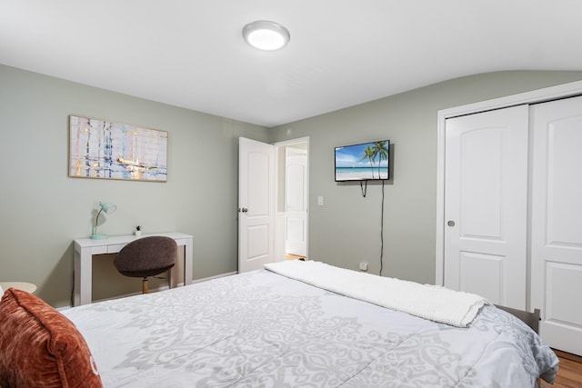 bedroom with wood-type flooring and a closet