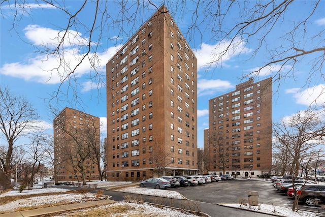 view of snow covered building