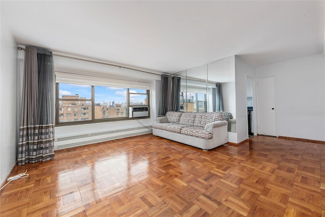 unfurnished living room featuring a baseboard heating unit, parquet floors, and cooling unit