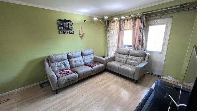 living room featuring light wood-type flooring and ornamental molding