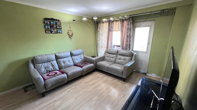 living room featuring light hardwood / wood-style floors and ornamental molding