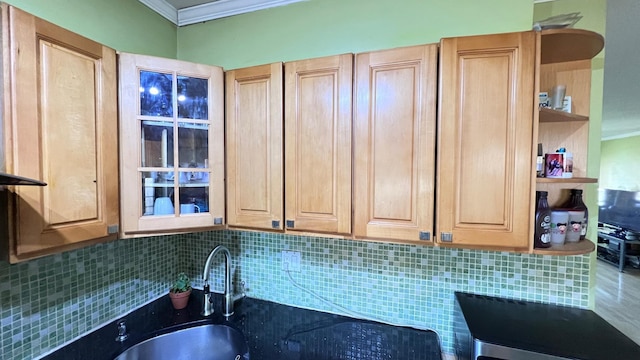 kitchen with tasteful backsplash, ornamental molding, and sink