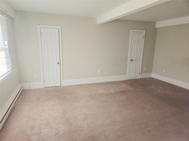 unfurnished room with baseboard heating, beamed ceiling, and carpet