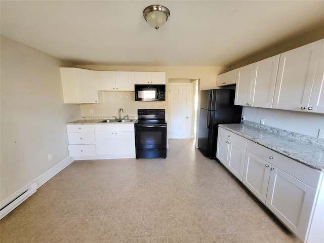 kitchen featuring black appliances, sink, a baseboard radiator, light stone counters, and white cabinetry