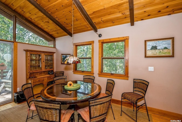 dining area with light hardwood / wood-style floors, lofted ceiling with beams, and wood ceiling