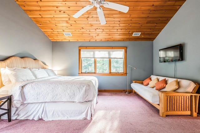 bedroom featuring lofted ceiling, light colored carpet, ceiling fan, and wood ceiling