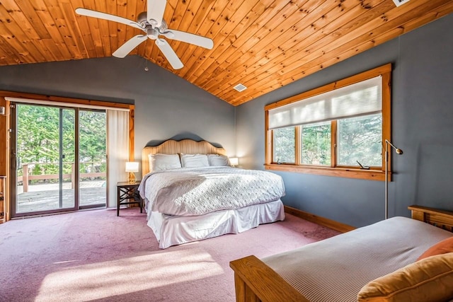 carpeted bedroom with ceiling fan, lofted ceiling, access to outside, and wood ceiling