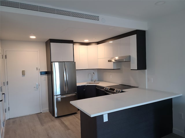 kitchen with sink, white cabinetry, light hardwood / wood-style floors, kitchen peninsula, and stainless steel appliances