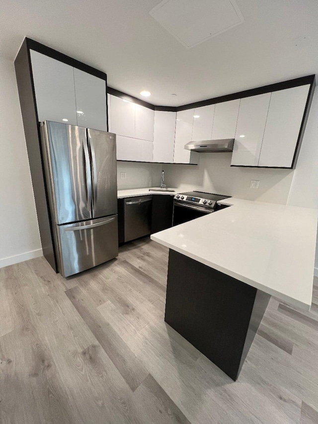 kitchen with sink, kitchen peninsula, appliances with stainless steel finishes, white cabinets, and light wood-type flooring