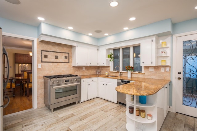 kitchen with white cabinetry, kitchen peninsula, sink, and appliances with stainless steel finishes