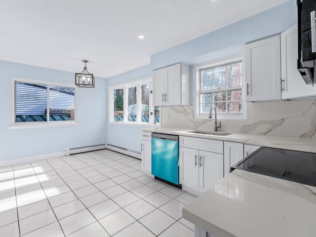 kitchen featuring dishwasher, sink, hanging light fixtures, tasteful backsplash, and white cabinetry