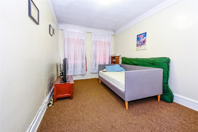 carpeted bedroom featuring crown molding