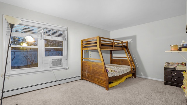 bedroom featuring light carpet and a baseboard radiator