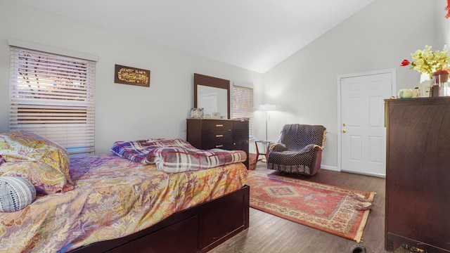 bedroom featuring hardwood / wood-style floors, multiple windows, and vaulted ceiling