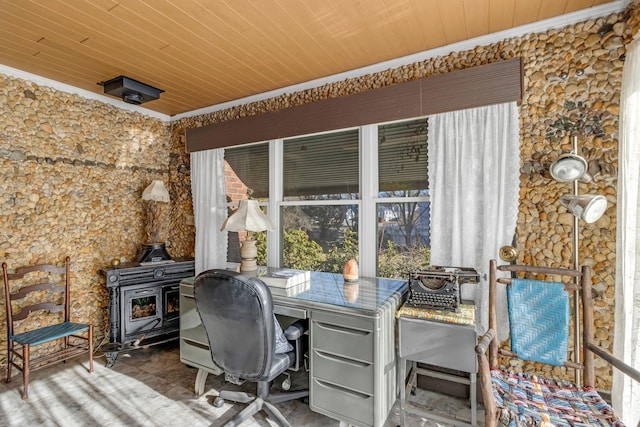 office area with wood ceiling and crown molding