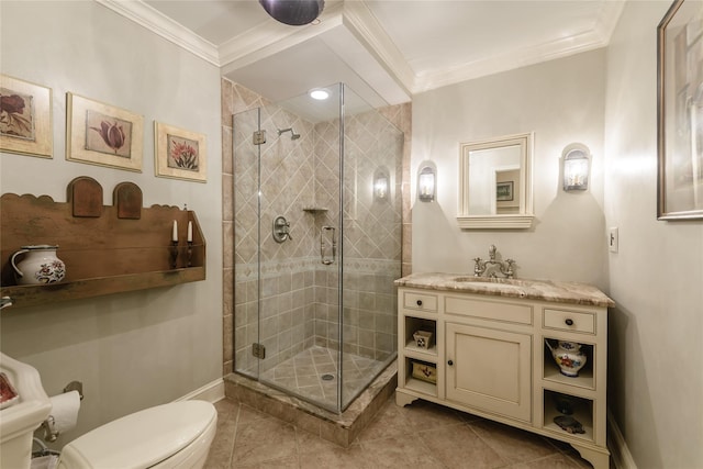 bathroom with walk in shower, tile patterned flooring, vanity, and toilet