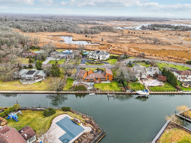 drone / aerial view featuring a water view