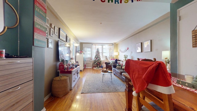 living room featuring light hardwood / wood-style floors and ornamental molding