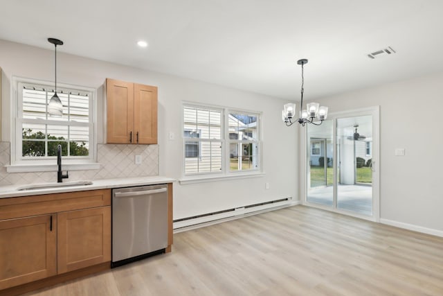 kitchen with dishwasher, sink, hanging light fixtures, a notable chandelier, and a baseboard heating unit