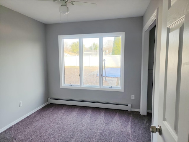 carpeted empty room featuring ceiling fan and baseboard heating