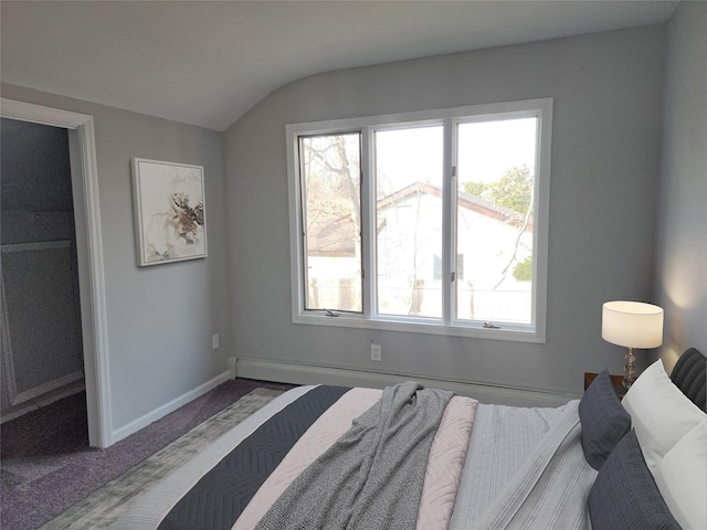 bedroom with carpet flooring, a spacious closet, and lofted ceiling