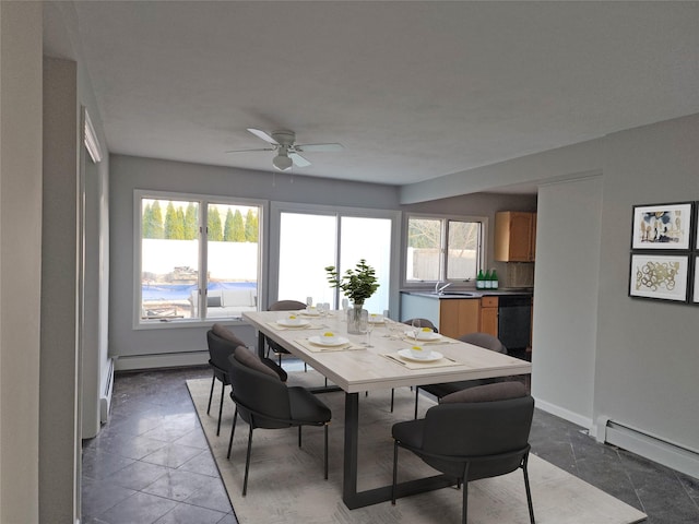 dining space with tile patterned flooring, sink, baseboard heating, and ceiling fan