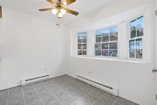 empty room with baseboard heating, ceiling fan, and plenty of natural light