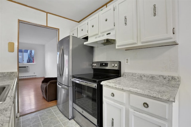 kitchen featuring white cabinets, a wall mounted air conditioner, electric stove, and a baseboard radiator