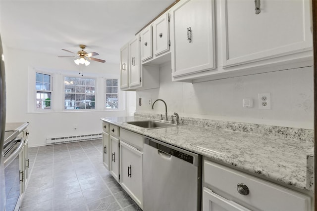 kitchen featuring white cabinets, sink, stainless steel dishwasher, ceiling fan, and a baseboard radiator