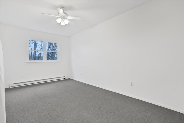 carpeted spare room featuring ceiling fan and a baseboard radiator