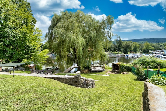 view of community with a boat dock, a water view, and a yard