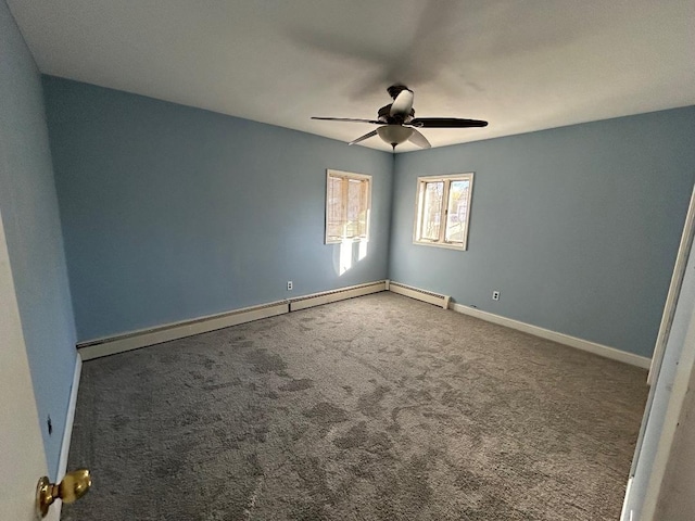 carpeted empty room featuring ceiling fan and a baseboard radiator