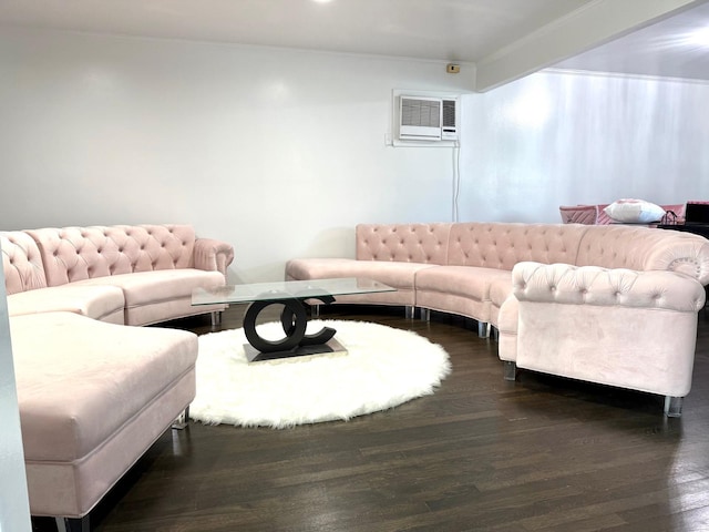 living room with dark hardwood / wood-style floors and a wall mounted AC