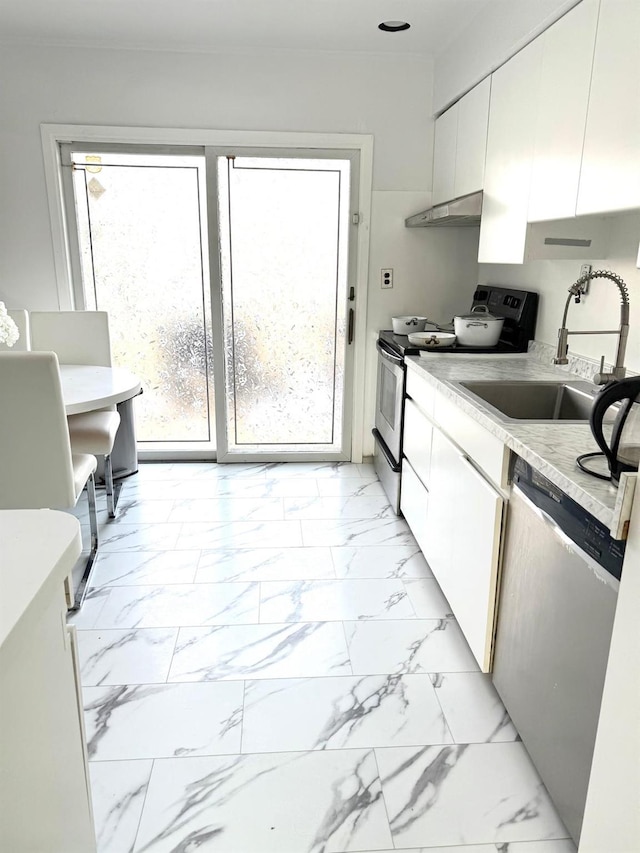 kitchen with white cabinetry, dishwasher, sink, ornamental molding, and electric range