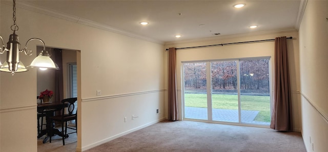 carpeted dining space with ornamental molding and a notable chandelier