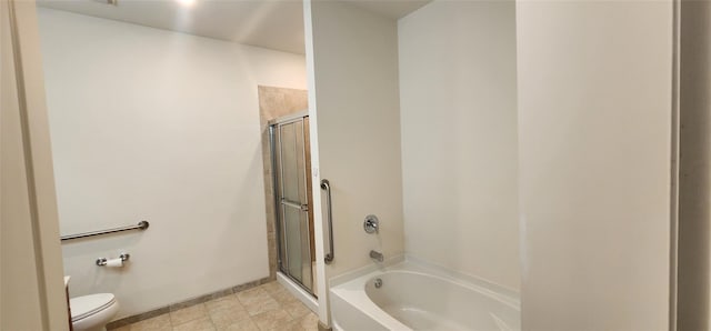 bathroom with shower with separate bathtub and toilet