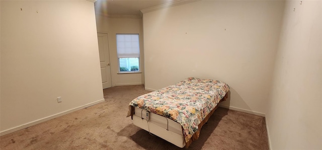 bedroom featuring carpet and crown molding