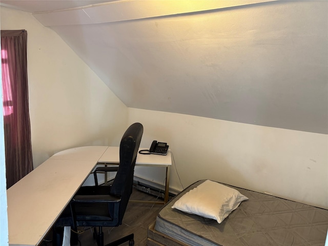 office area featuring hardwood / wood-style flooring and lofted ceiling