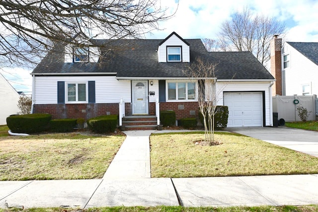 cape cod-style house with a front yard and a garage