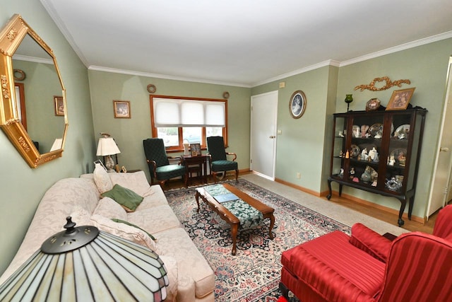 living room featuring carpet flooring and ornamental molding