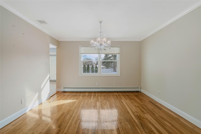 unfurnished dining area featuring ornamental molding, a baseboard radiator, light wood-type flooring, and an inviting chandelier