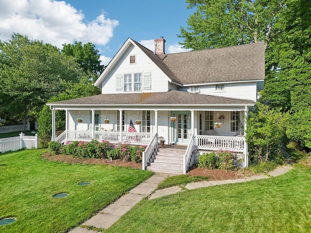 45 Shore Rd, East Setauket, NY 11733 - country-style home featuring a porch, a chimney, and a shingled roof