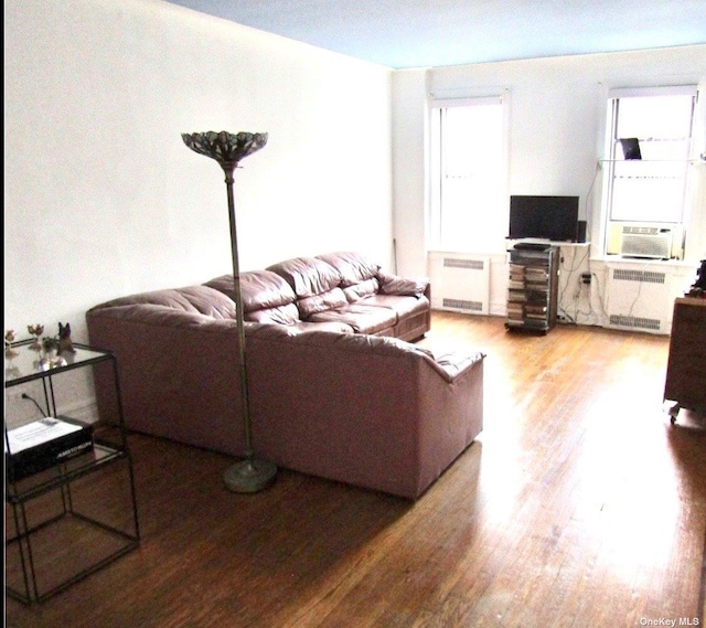 living room featuring hardwood / wood-style flooring, radiator heating unit, and a wealth of natural light