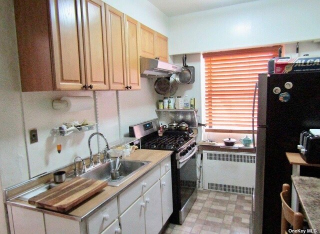 kitchen featuring radiator, stainless steel range, light brown cabinetry, and sink