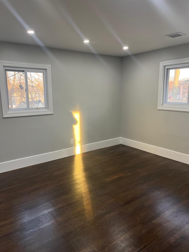 empty room with dark hardwood / wood-style floors and a wealth of natural light