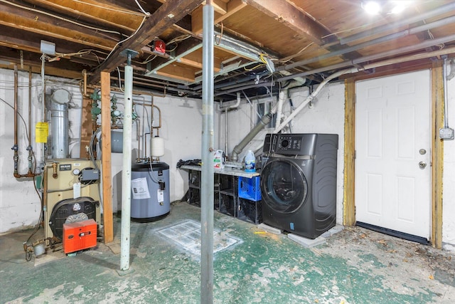 basement with washer / dryer and water heater