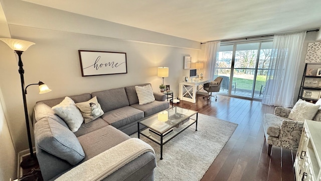 living room with dark hardwood / wood-style flooring