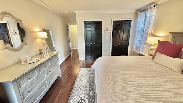 bedroom featuring dark hardwood / wood-style flooring, a closet, and ornamental molding