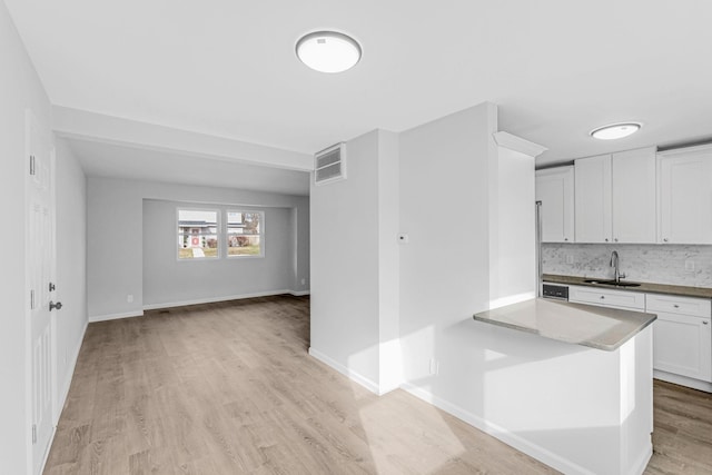 kitchen featuring backsplash, sink, light wood-type flooring, white cabinetry, and kitchen peninsula