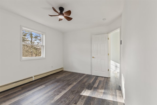 empty room featuring dark hardwood / wood-style flooring, a baseboard radiator, and ceiling fan